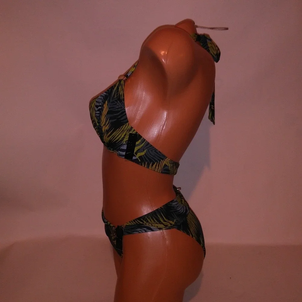 Victoria Secret Swim Bikini Medium Top & Bottom Green Black Floral Tropical New